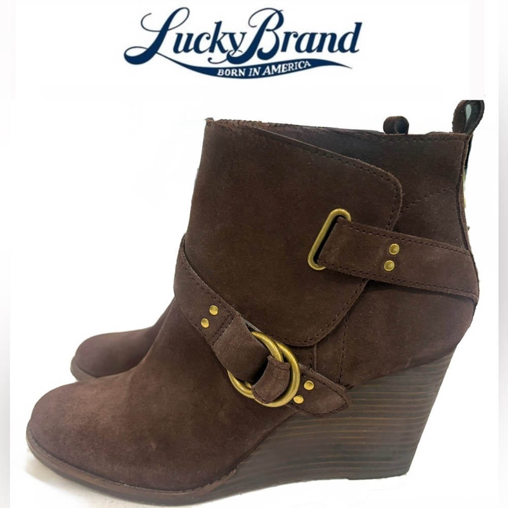 Women’s Lucky Brand Yerik Dk Brown Suede Wedge Ankle Boots EUC! Size 9